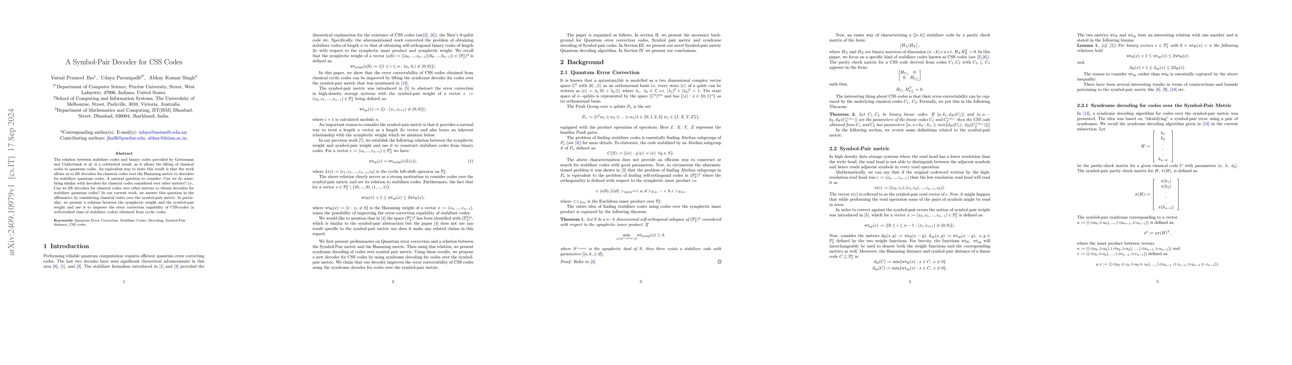 Thumbnail for A Symbol-Pair Decoder for CSS Codes