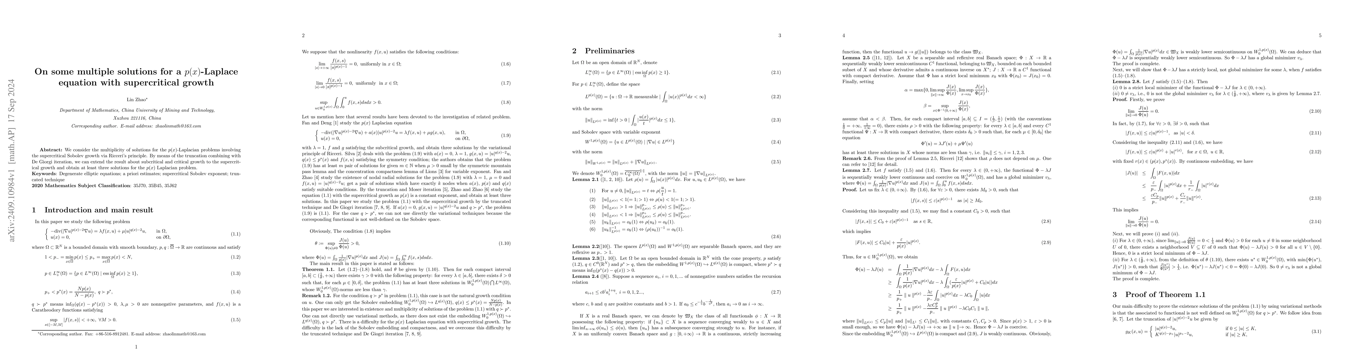 Thumbnail for On some multiple solutions for a $p(x)$-Laplace equation with
  supercritical growth