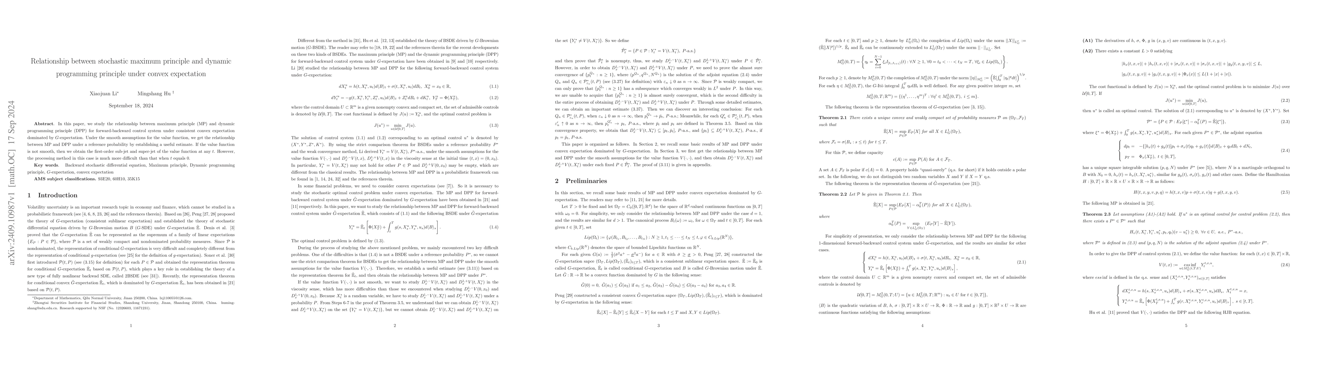 Thumbnail for Relationship between stochastic maximum principle and dynamic
  programming principle under convex expectation