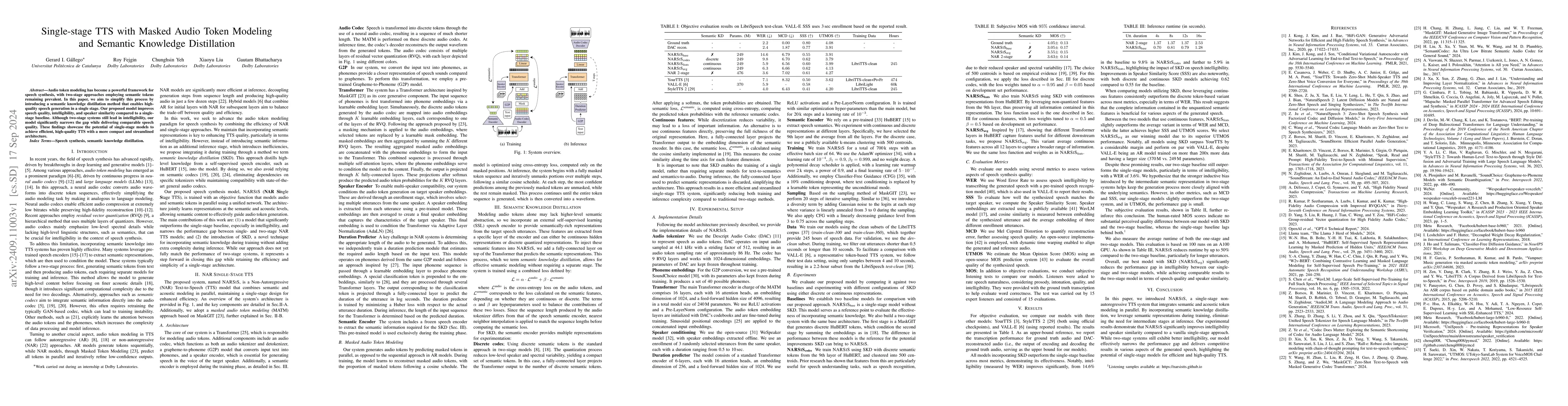 Thumbnail for Single-stage TTS with Masked Audio Token Modeling and Semantic Knowledge
  Distillation