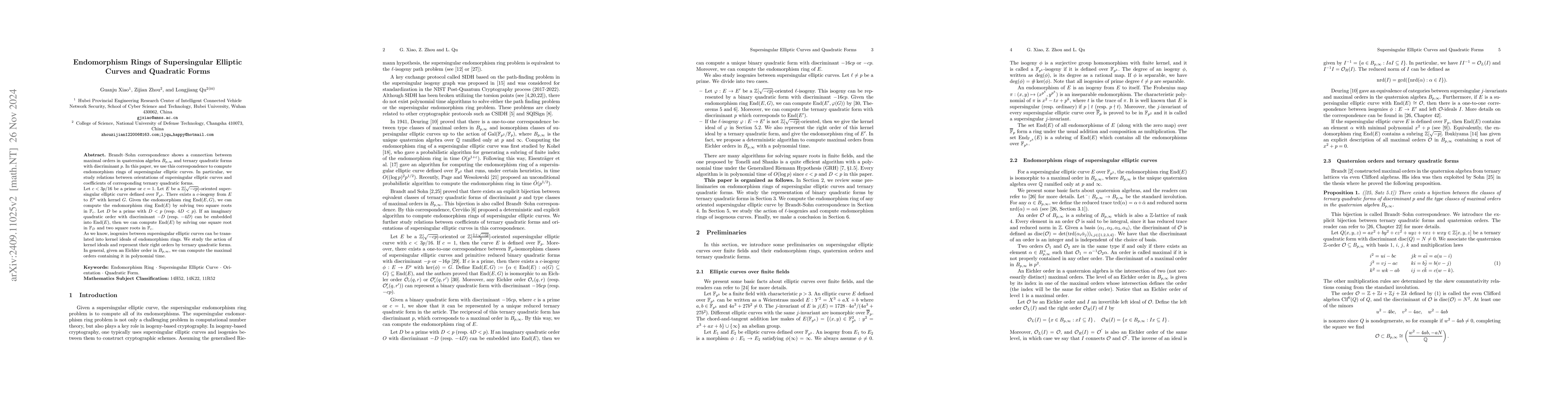 Thumbnail for Endomorphism Rings of Supersingular Elliptic Curves and Quadratic Forms