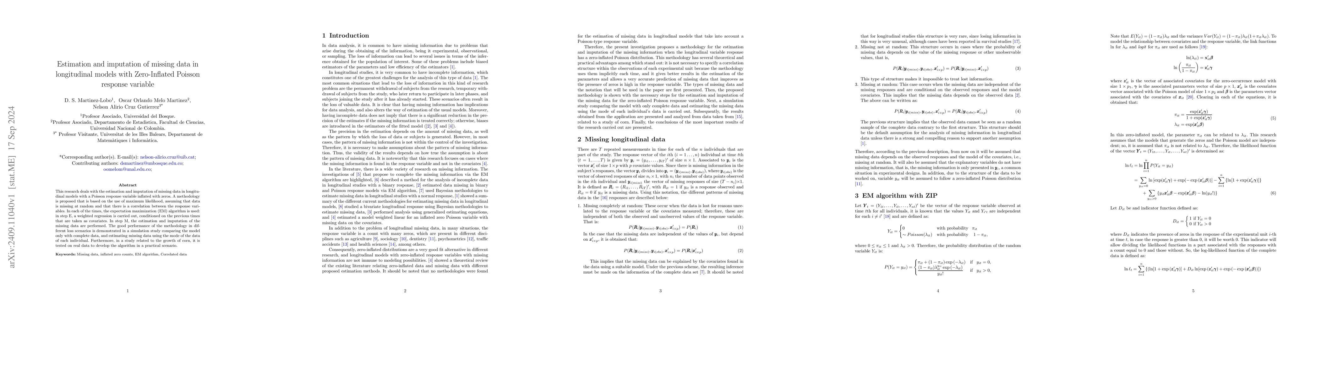 Thumbnail for Estimation and imputation of missing data in longitudinal models with
  Zero-Inflated Poisson response variable