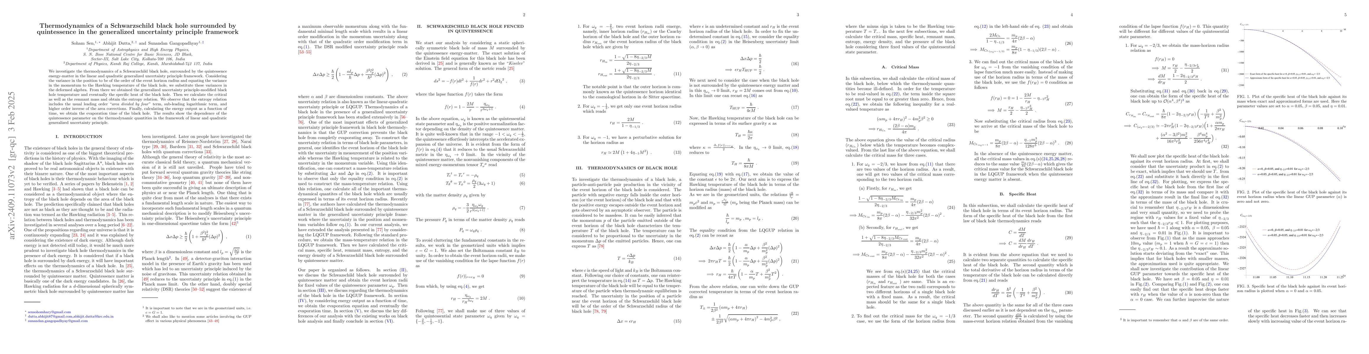 Thumbnail for Thermodynamics of a Schwarzschild black hole surrounded by quintessence
  in the generalized uncertainty principle framework