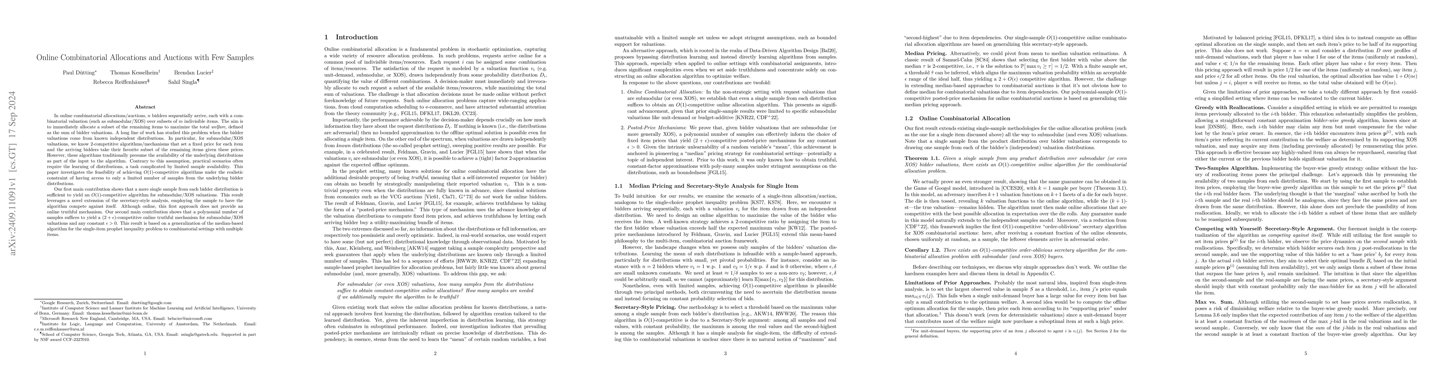 Thumbnail for Online Combinatorial Allocations and Auctions with Few Samples