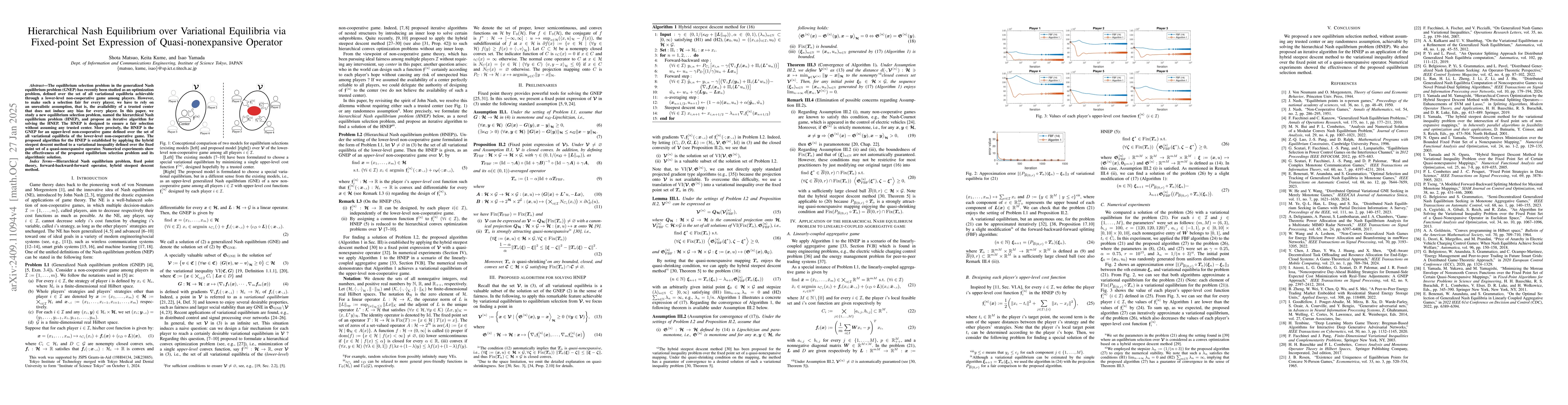 Thumbnail for Hierarchical Nash Equilibrium over Variational Equilibria via
  Fixed-point Set Expression of Quasi-nonexpansive Operator