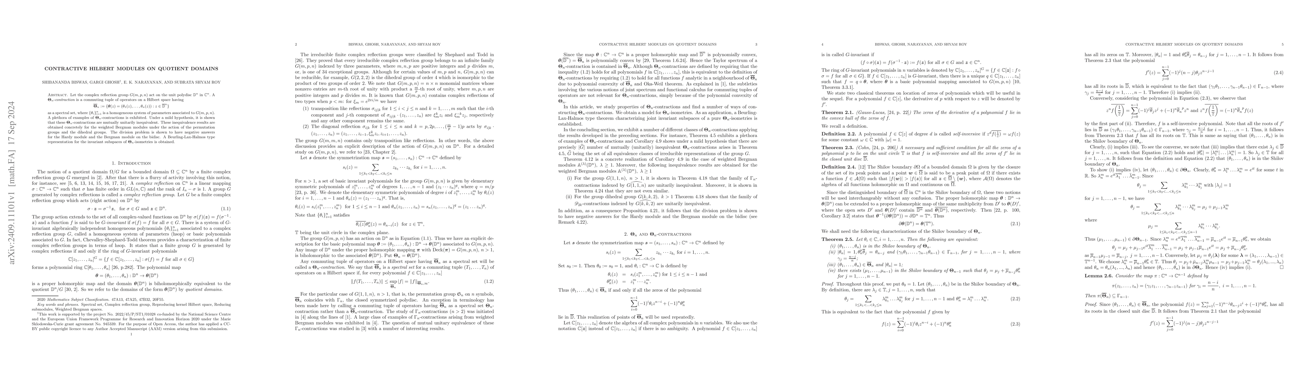 Thumbnail for Contractive Hilbert modules on quotient domains