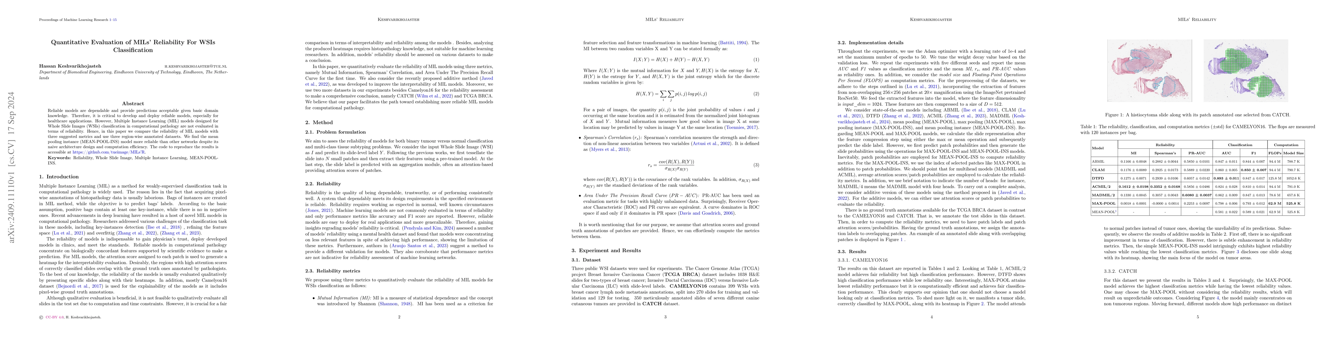 Thumbnail for Quantitative Evaluation of MILs' Reliability For WSIs Classification