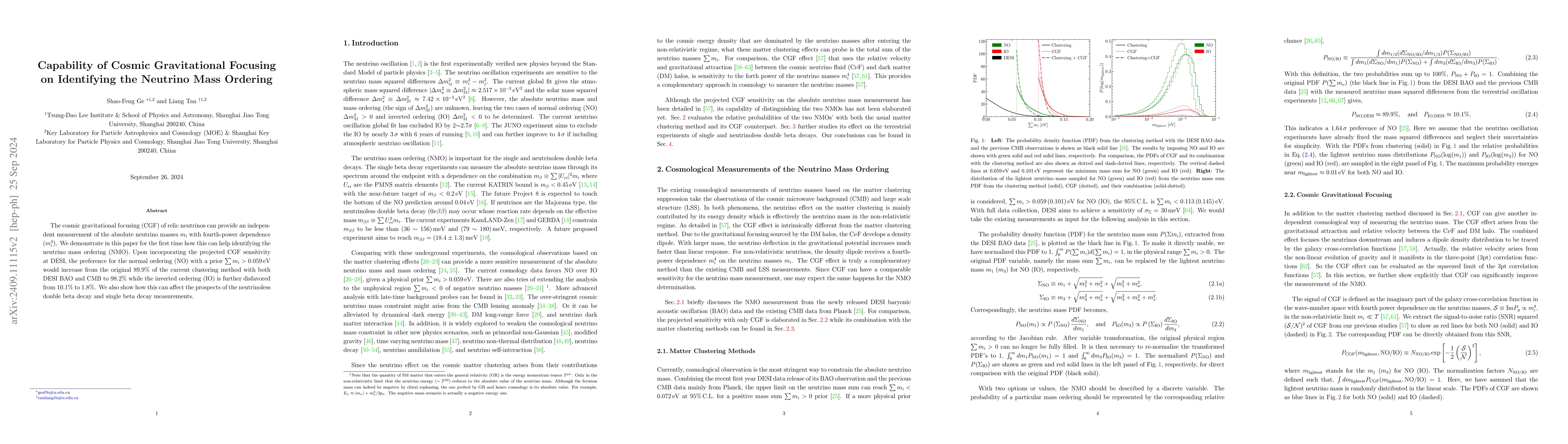 Thumbnail for Capability of Cosmic Gravitational Focusing on Identifying the Neutrino
  Mass Ordering