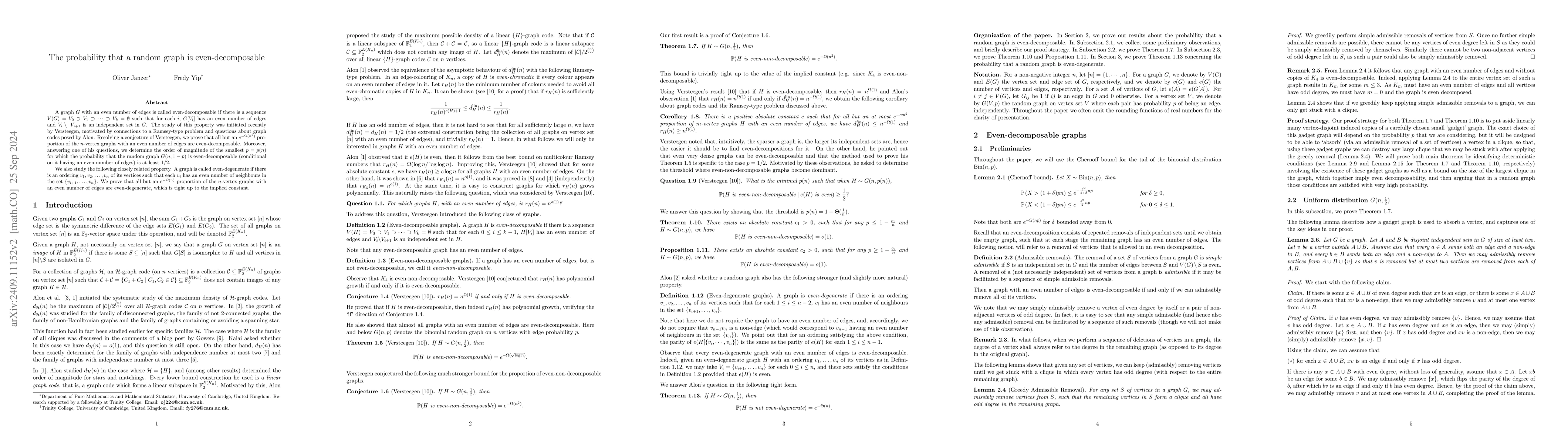 Thumbnail for The probability that a random graph is even-decomposable