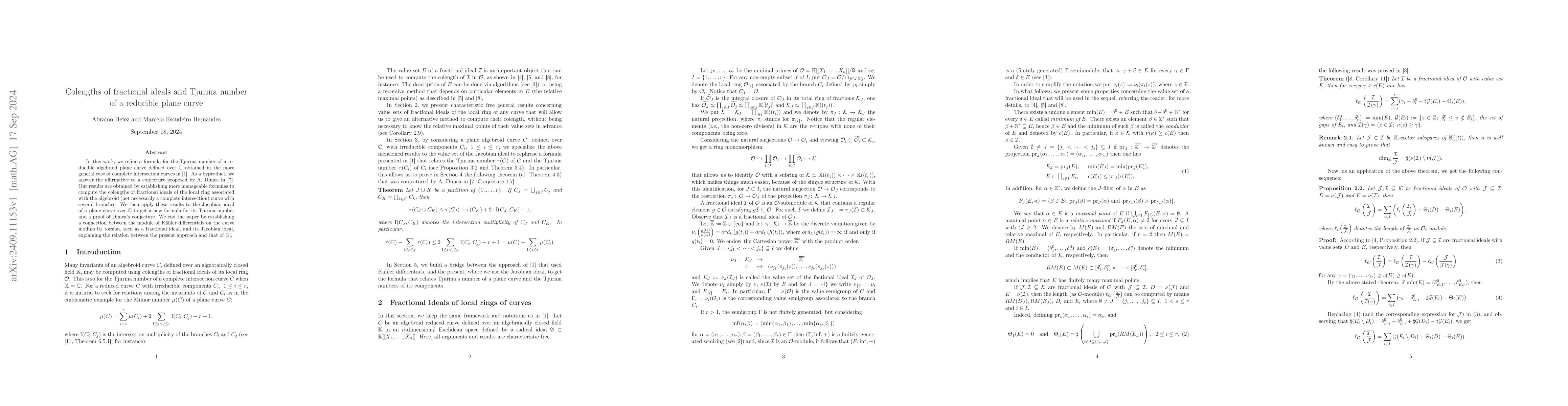 Thumbnail for Colengths of fractional ideals and Tjurina number of a reducible plane
  curve