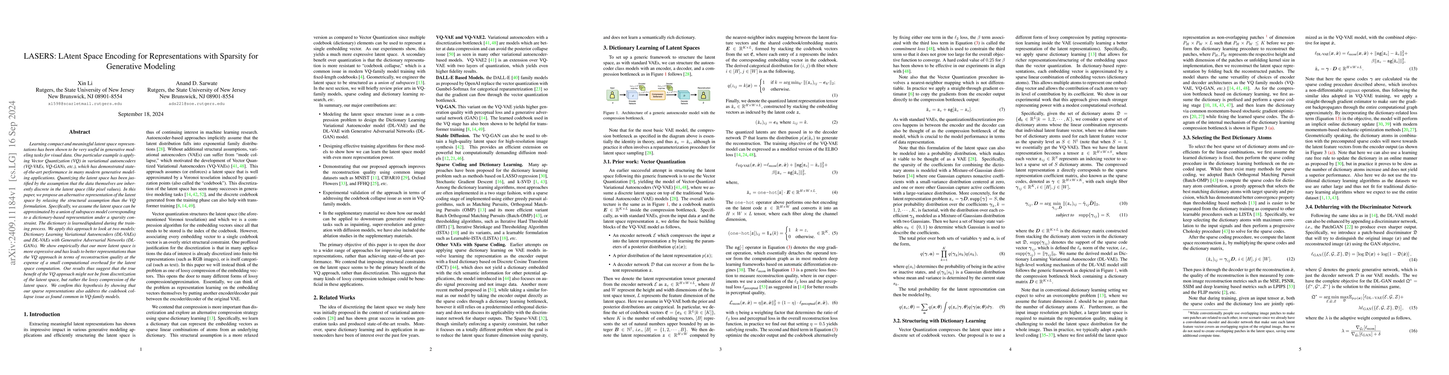 Thumbnail for LASERS: LAtent Space Encoding for Representations with Sparsity for
  Generative Modeling