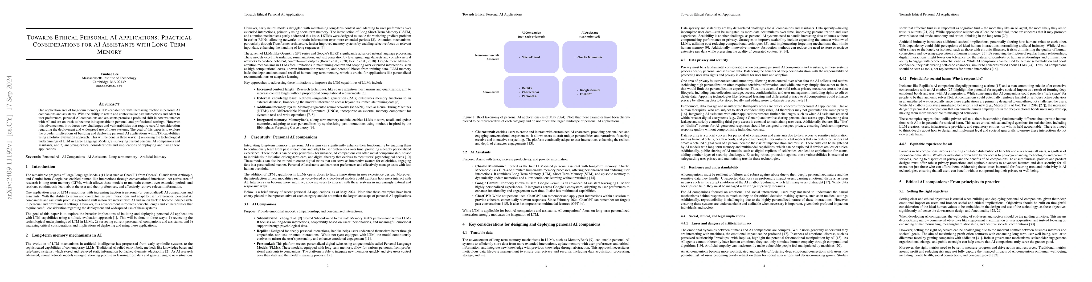 Thumbnail for Towards Ethical Personal AI Applications: Practical Considerations for
  AI Assistants with Long-Term Memory