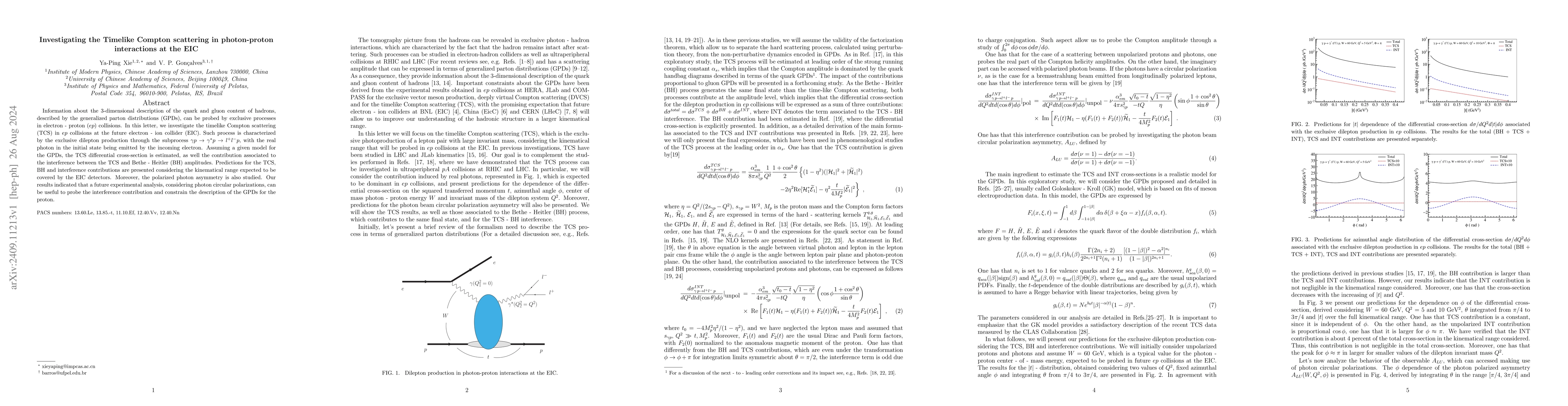 Thumbnail for Investigating the Timelike Compton scattering in photon-proton
  interactions at the EIC