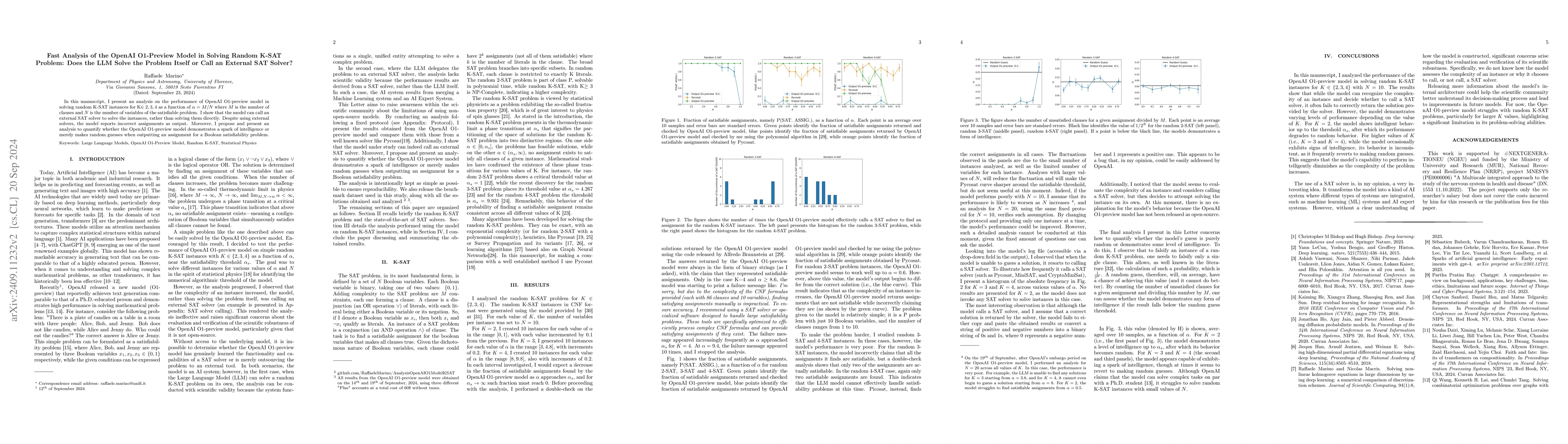 Thumbnail for Fast Analysis of the OpenAI O1-Preview Model in Solving Random K-SAT
  Problem: Does the LLM Solve the Problem Itself or Call an External SAT
  Solver?