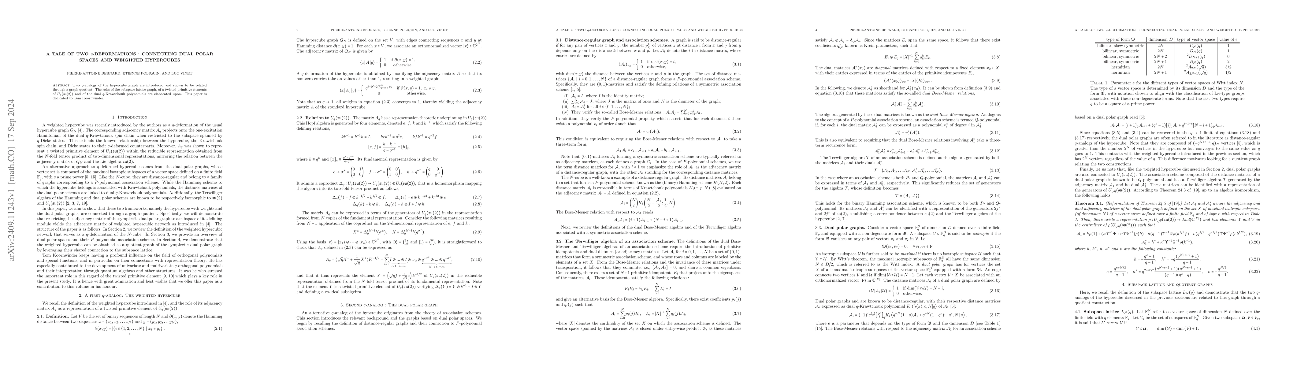 Thumbnail for A tale of two $q$-deformations : connecting dual polar spaces and
  weighted hypercubes