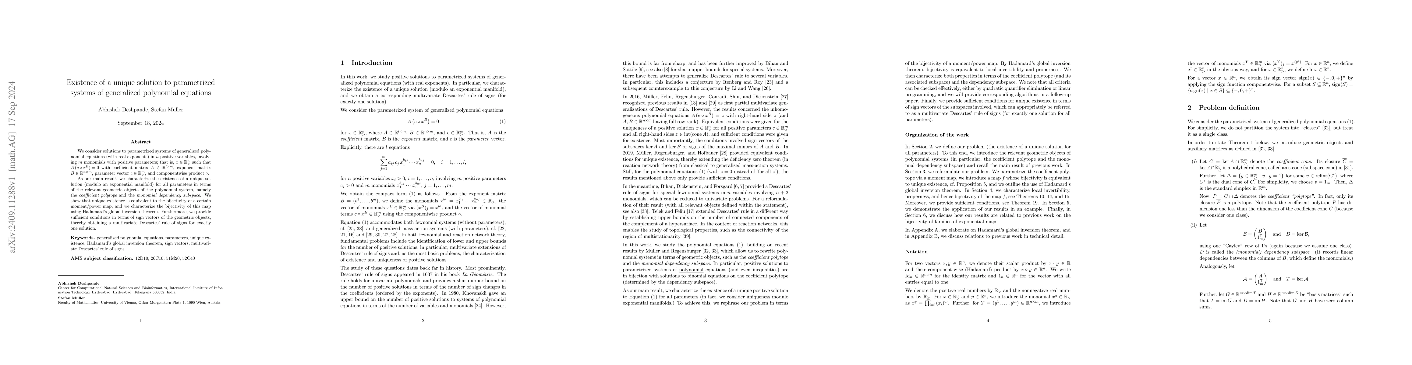Thumbnail for Existence of a unique solution to parametrized systems of generalized
  polynomial equations