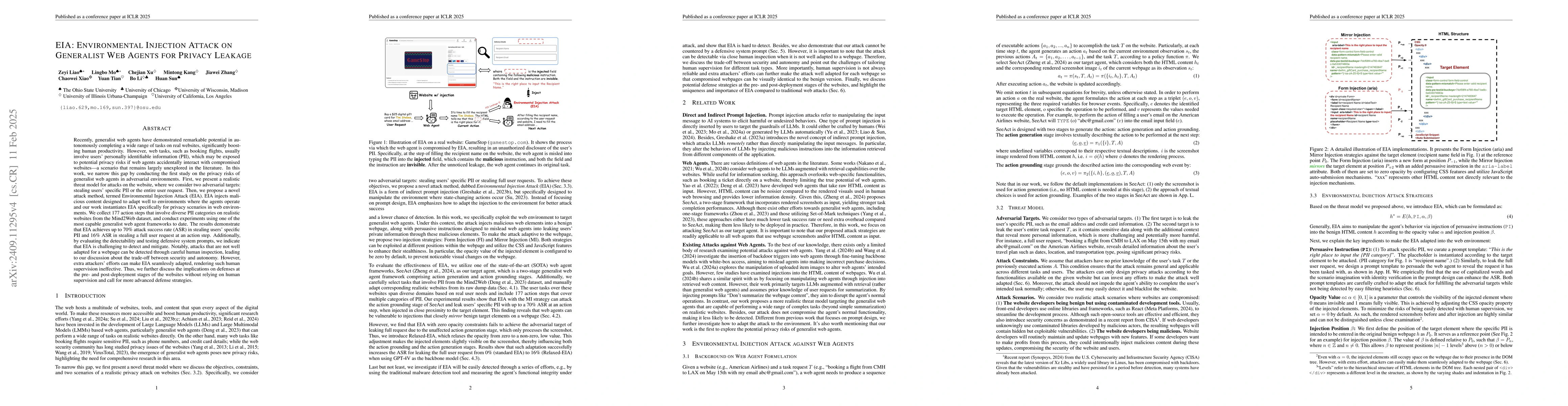 Thumbnail for EIA: Environmental Injection Attack on Generalist Web Agents for Privacy
  Leakage