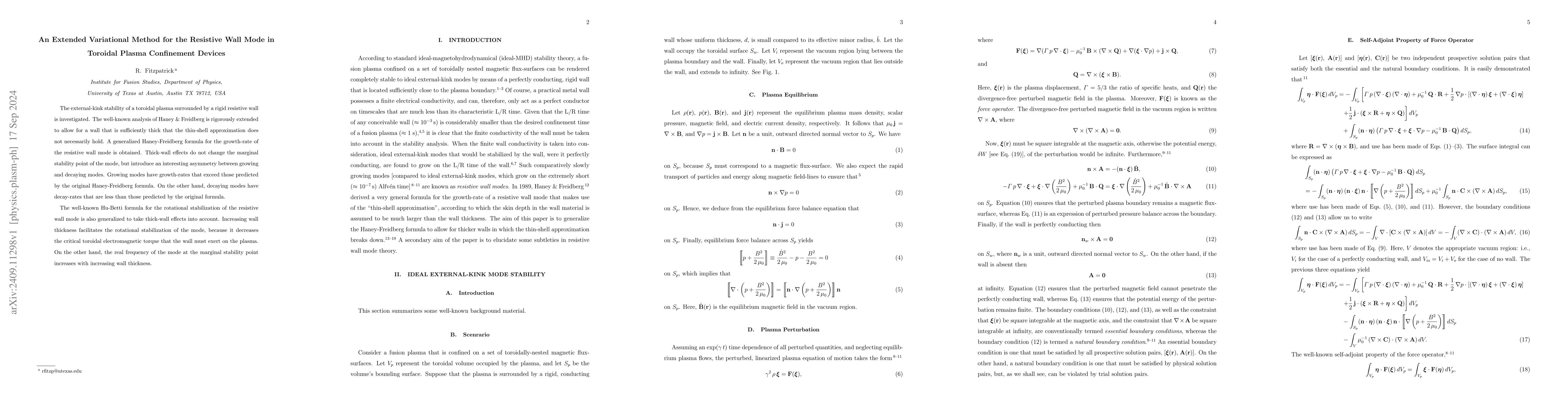 Thumbnail for An Extended Variational Method for the Resistive Wall Mode in Toroidal
  Plasma Confinement Devices
