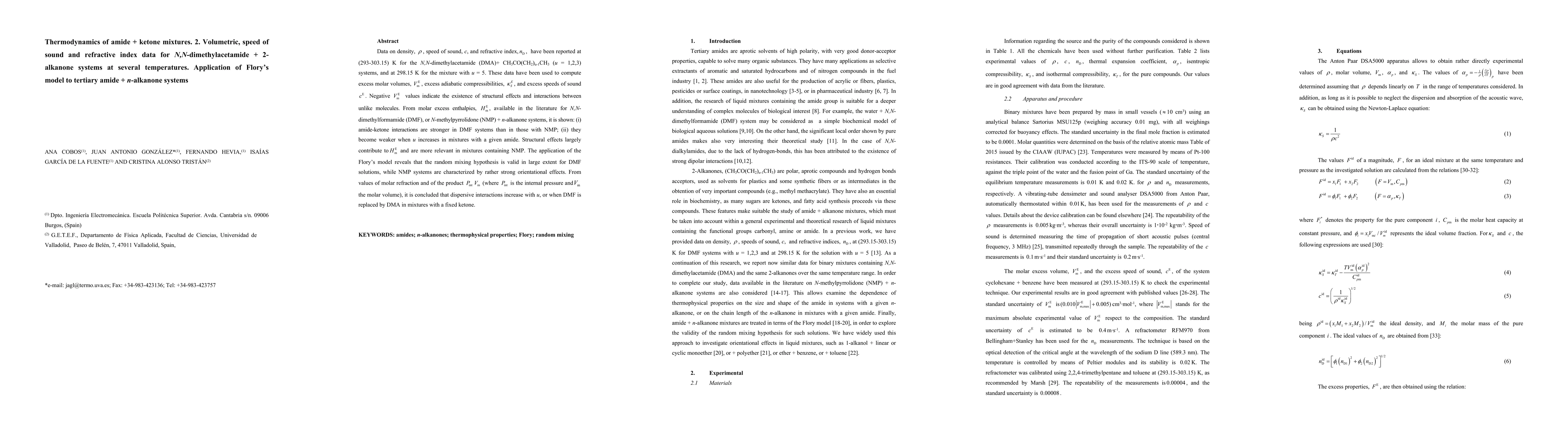 Thumbnail for Thermodynamics of amide+ketone mixtures. 2. Volumetric, speed of sound
  and refractive index data for N,N-dimethylacetamide+2-alkanone systems at
  several temperatures. Application of Flory's model to tertiary
  amide+n-alkanone systems