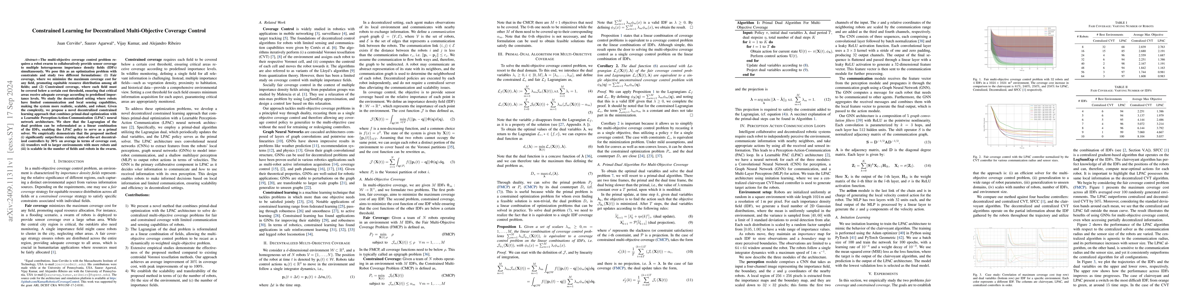 Thumbnail for Constrained Learning for Decentralized Multi-Objective Coverage Control