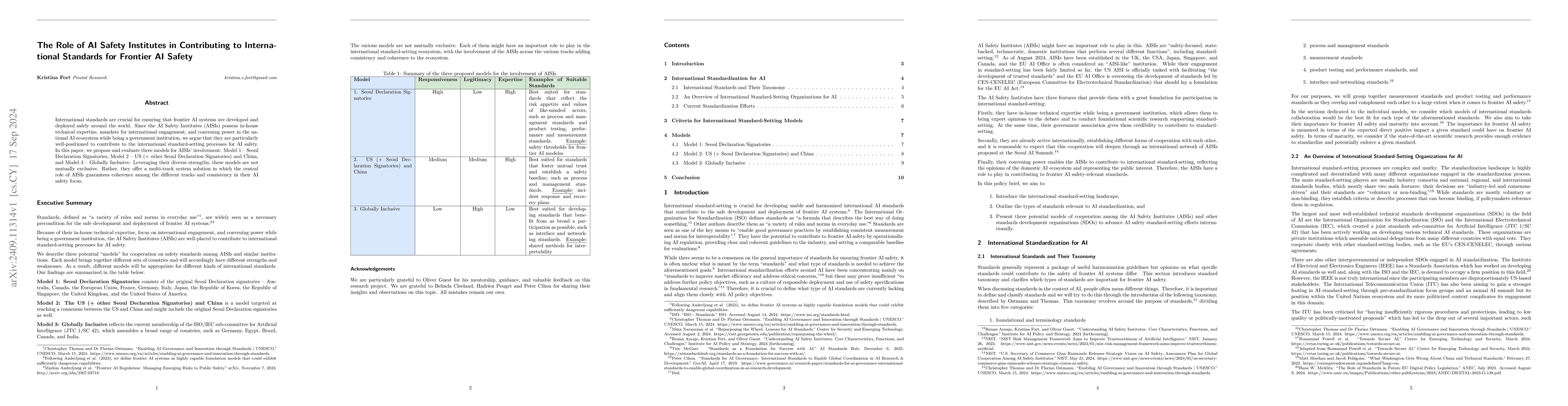 Thumbnail for The Role of AI Safety Institutes in Contributing to International
  Standards for Frontier AI Safety