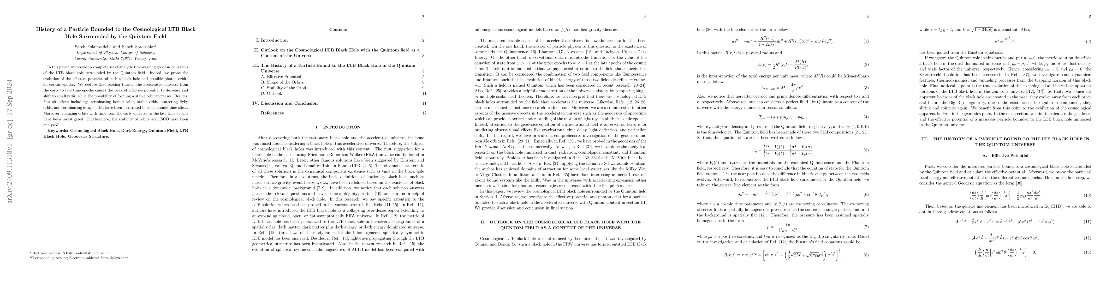 Thumbnail for History of a Particle Bounded to the Cosmological LTB Black Hole
  Surrounded by the Quintom Field