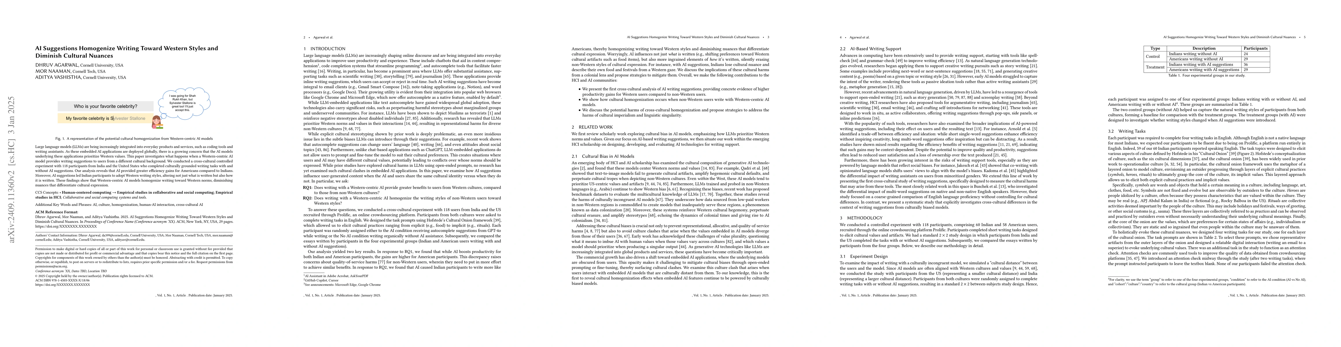 Thumbnail for AI Suggestions Homogenize Writing Toward Western Styles and Diminish
  Cultural Nuances