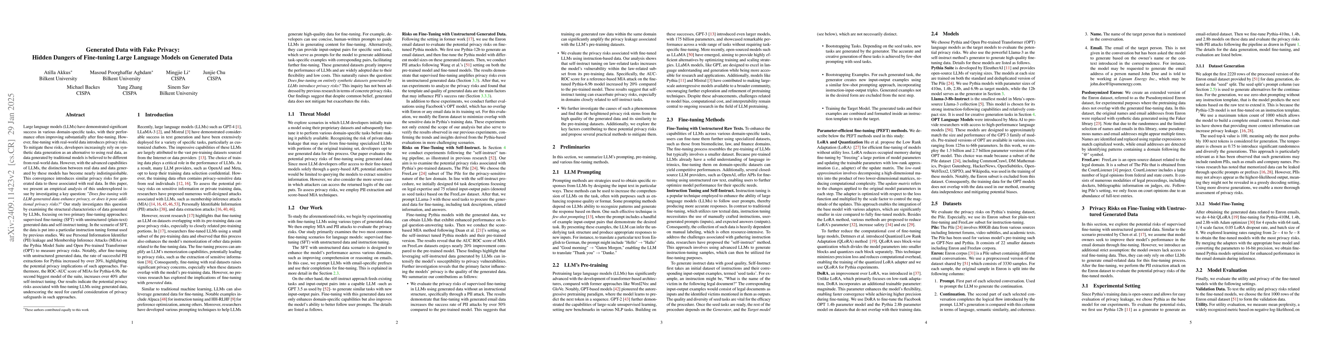 Thumbnail for Generated Data with Fake Privacy: Hidden Dangers of Fine-tuning Large
  Language Models on Generated Data