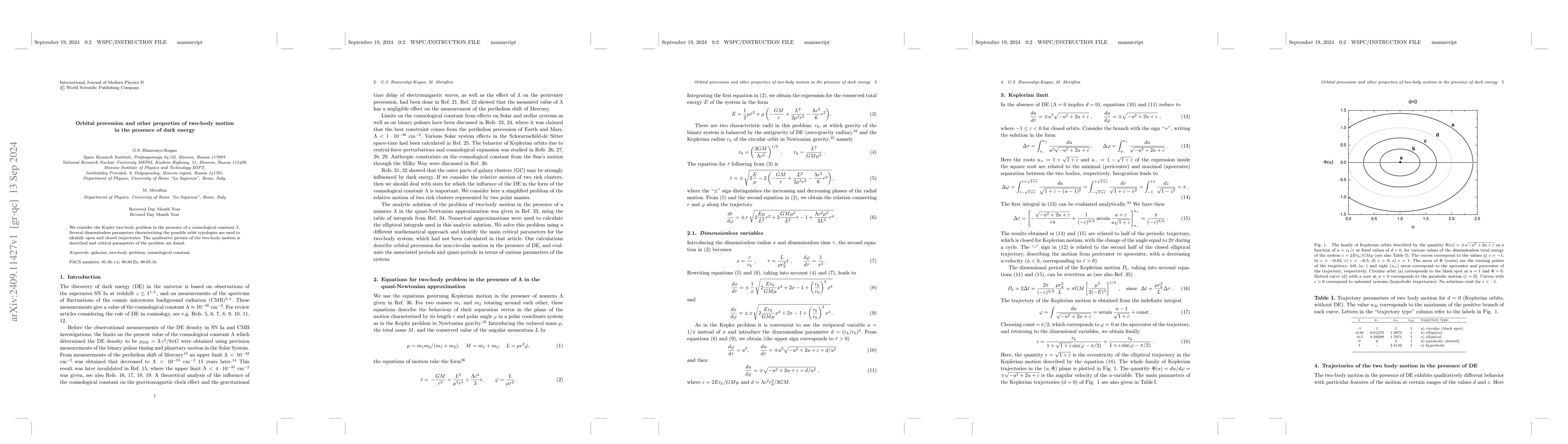 Thumbnail for Orbital precession and other properties of two-body motion in the
  presence of dark energy