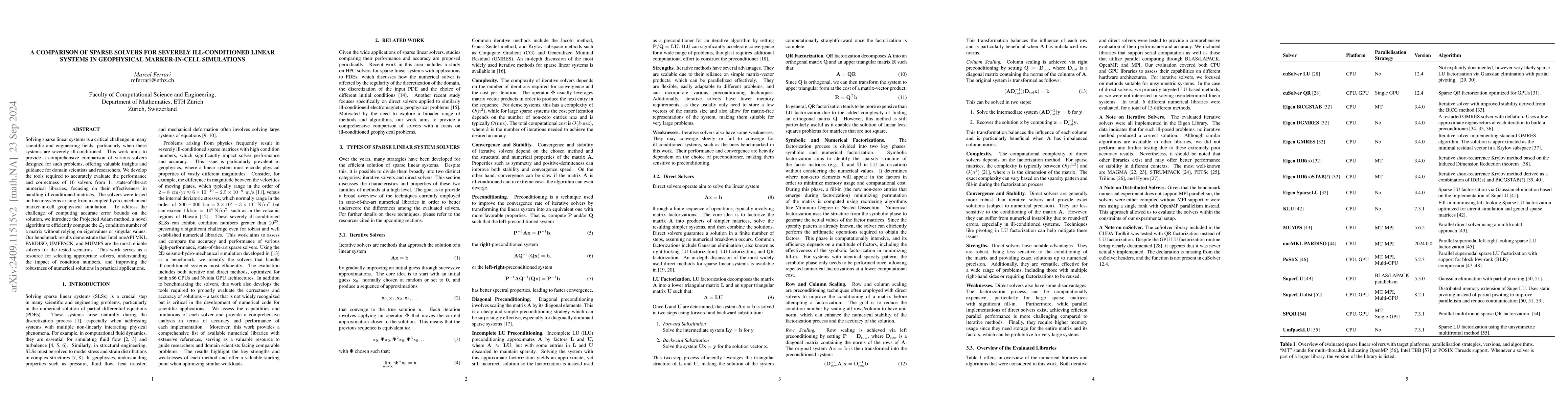 Thumbnail for A Comparison of Sparse Solvers for Severely Ill-Conditioned Linear
  Systems in Geophysical Marker-In-Cell Simulations