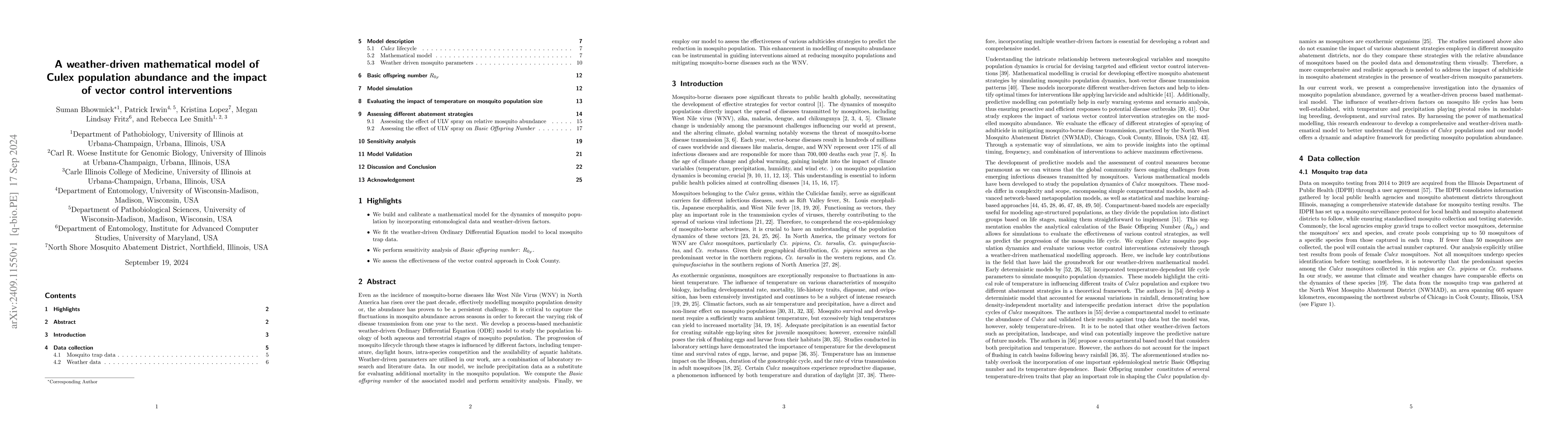 Thumbnail for A weather-driven mathematical model of Culex population abundance and
  the impact of vector control interventions