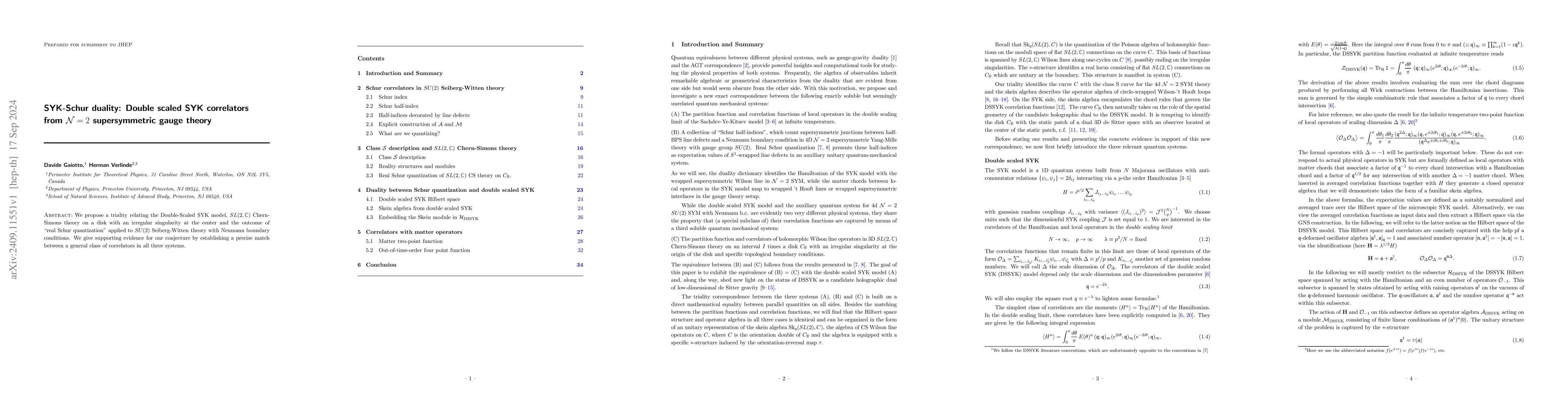 Thumbnail for SYK-Schur duality: Double scaled SYK correlators from $N=2$
  supersymmetric gauge theory