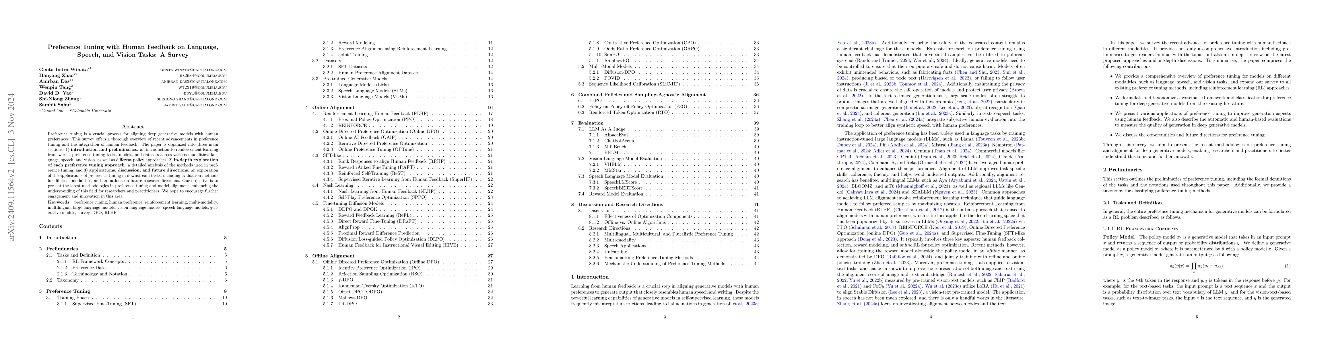 Thumbnail for Preference Tuning with Human Feedback on Language, Speech, and Vision
  Tasks: A Survey