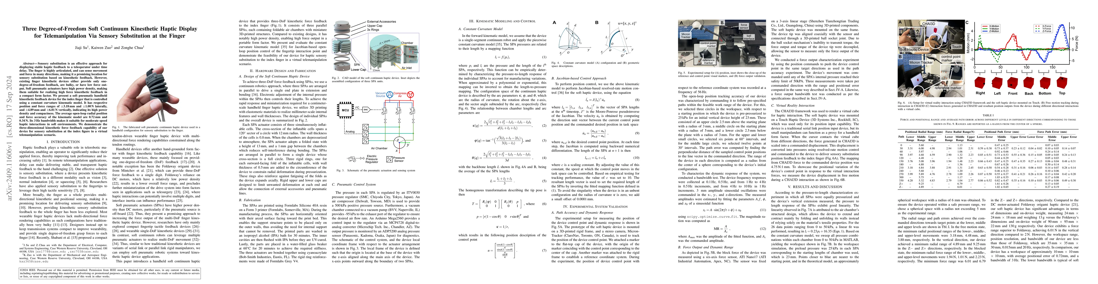 Thumbnail for Three Degree-of-Freedom Soft Continuum Kinesthetic Haptic Display for
  Telemanipulation Via Sensory Substitution at the Finger