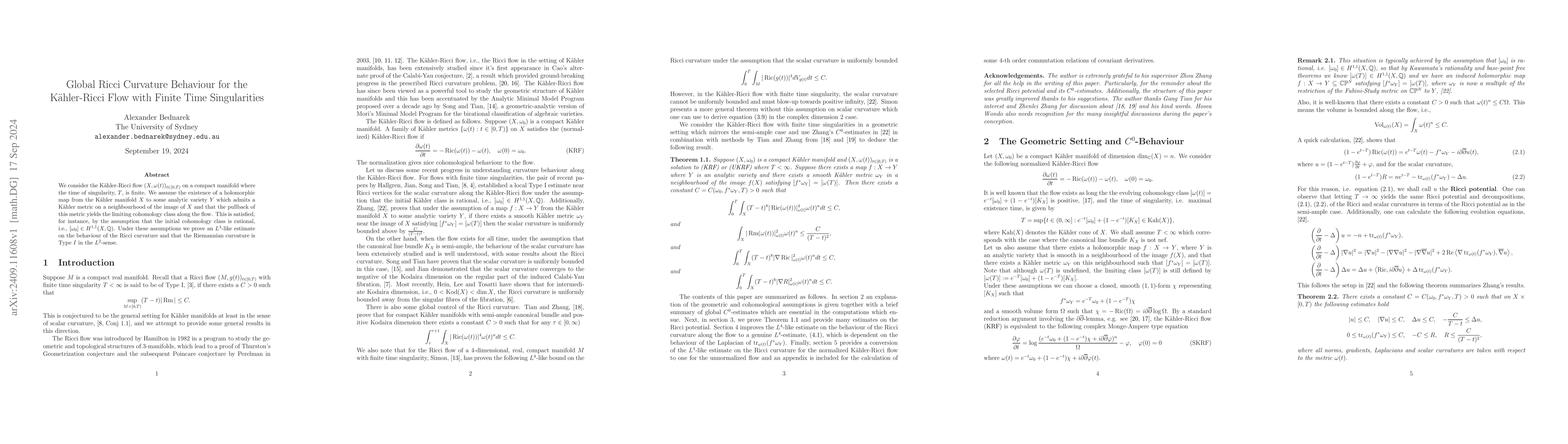 Thumbnail for Global Ricci Curvature Behaviour for the Kähler-Ricci Flow with Finite
  Time Singularities