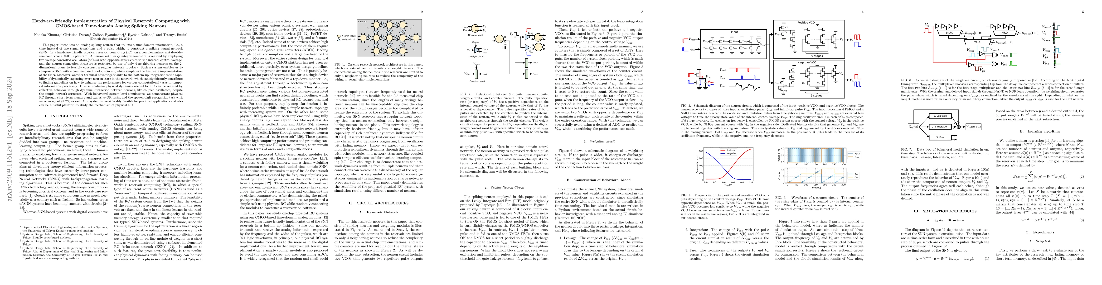 Thumbnail for Hardware-Friendly Implementation of Physical Reservoir Computing with
  CMOS-based Time-domain Analog Spiking Neurons
