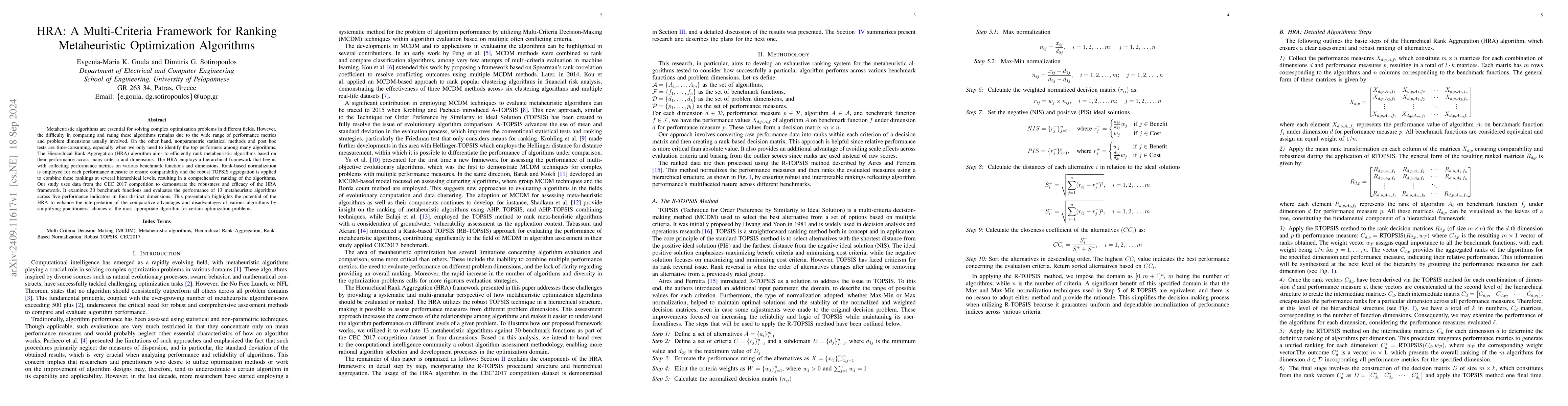 Thumbnail for HRA: A Multi-Criteria Framework for Ranking Metaheuristic Optimization
  Algorithms