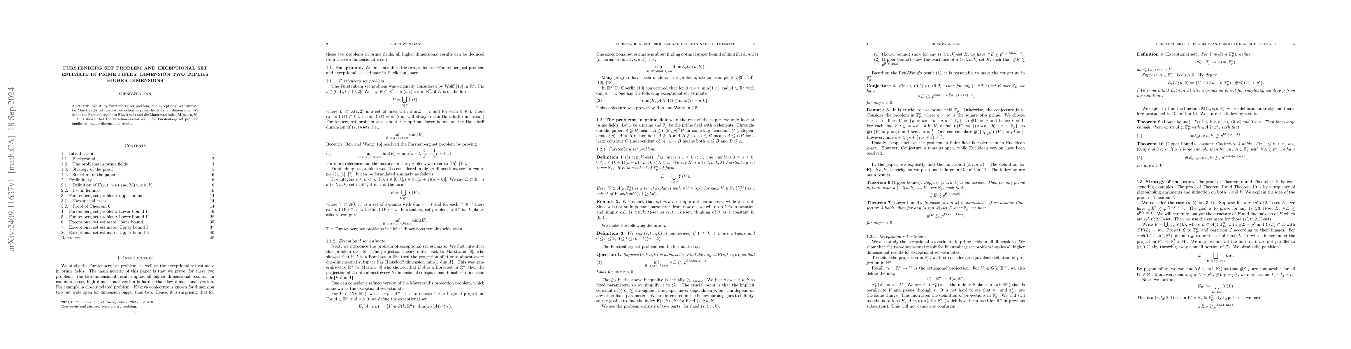 Thumbnail for Furstenberg set problem and exceptional set estimate in prime fields:
  dimension two implies higher dimensions