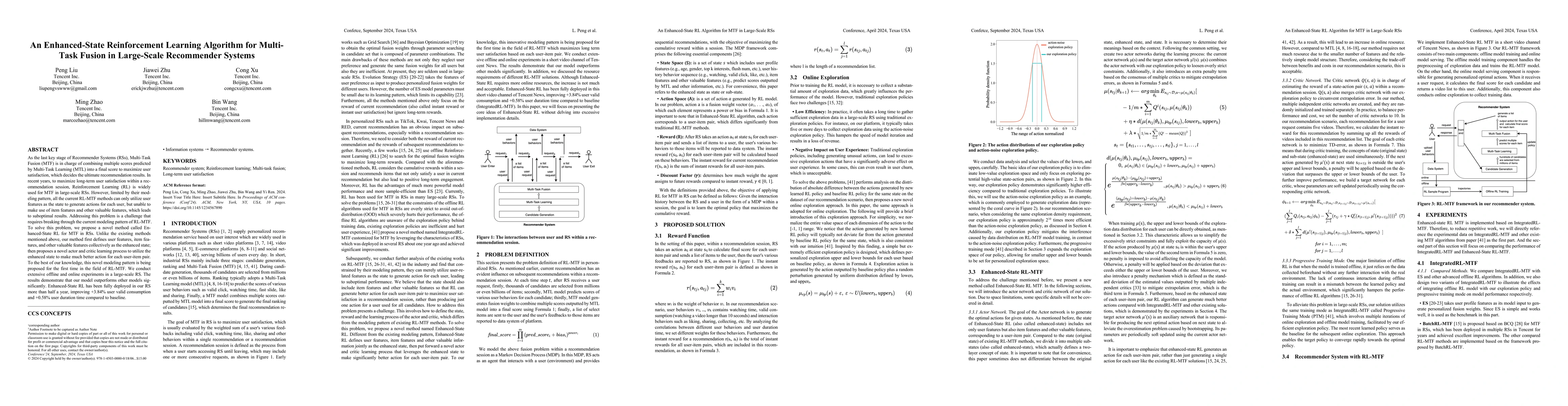 Thumbnail for An Enhanced-State Reinforcement Learning Algorithm for Multi-Task Fusion
  in Large-Scale Recommender Systems