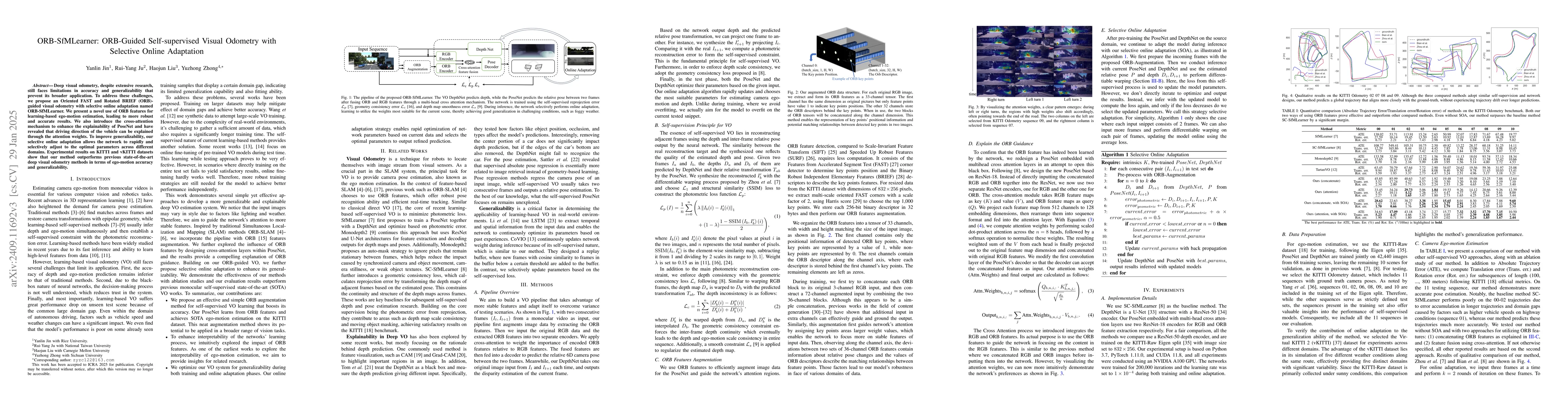 Thumbnail for ORB-SfMLearner: ORB-Guided Self-supervised Visual Odometry with
  Selective Online Adaptation