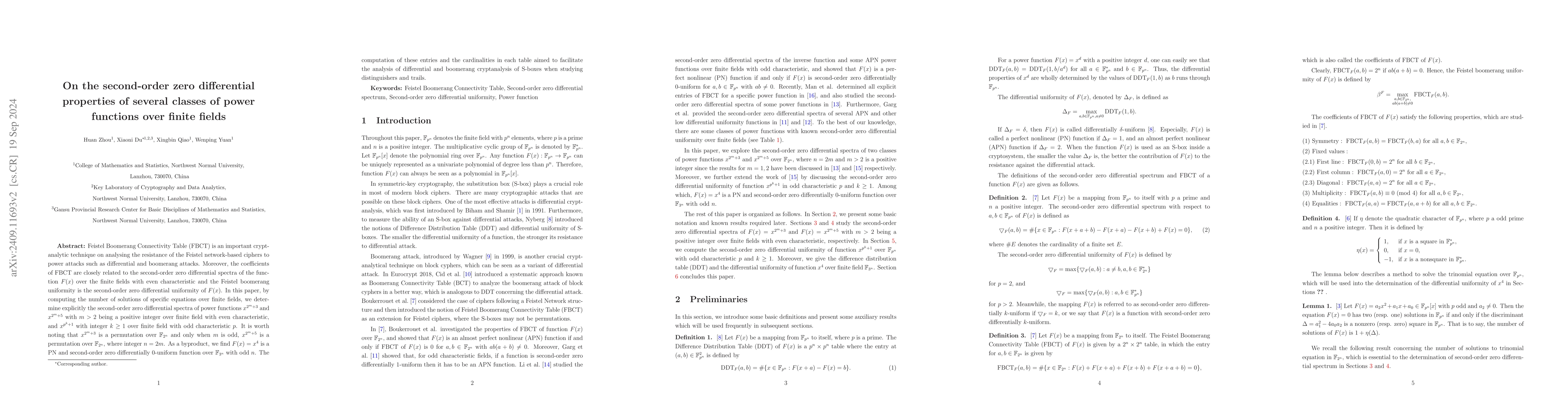 Thumbnail for On the second-order zero differential properties of several classes of
  power functions over finite fields
