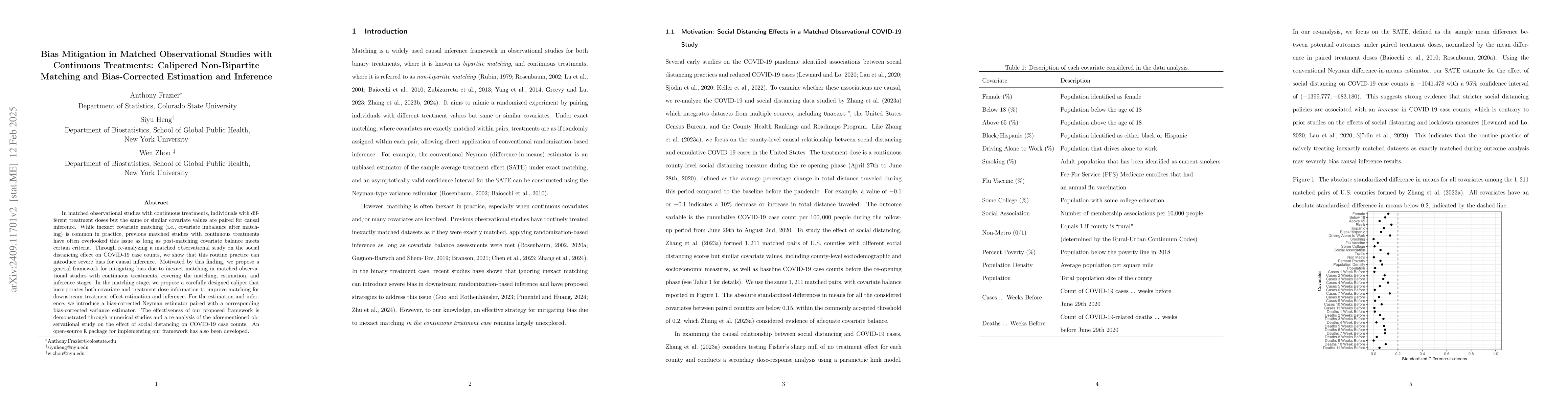 Thumbnail for Bias Reduction in Matched Observational Studies with Continuous
  Treatments: Calipered Non-Bipartite Matching and Bias-Corrected Estimation
  and Inference