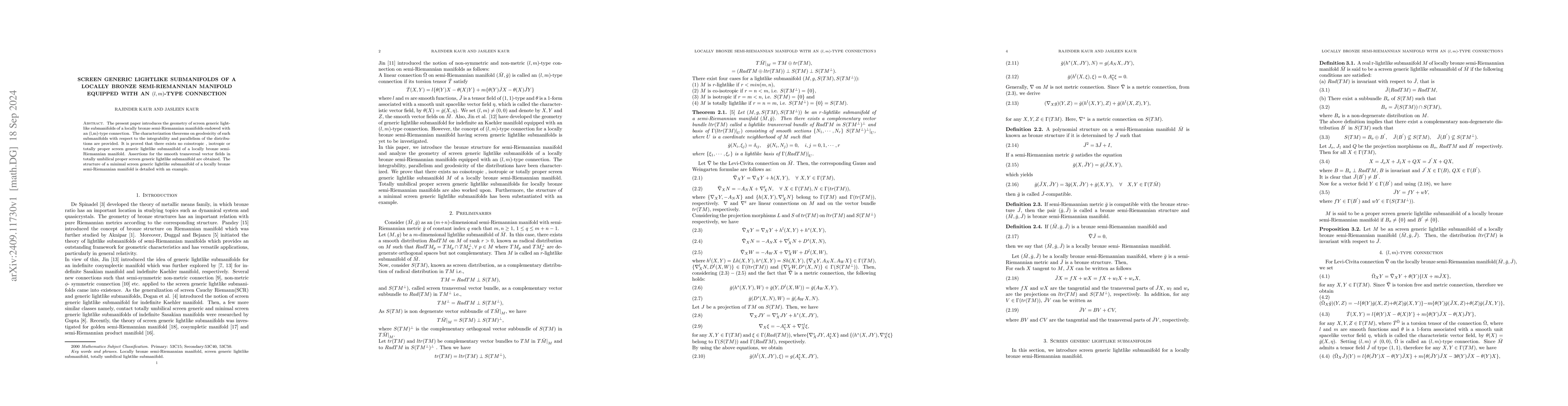 Thumbnail for Screen Generic Lightlike Submanifolds of a Locally Bronze
  Semi-Riemannian Manifold equipped with an (l,m)-type Connection