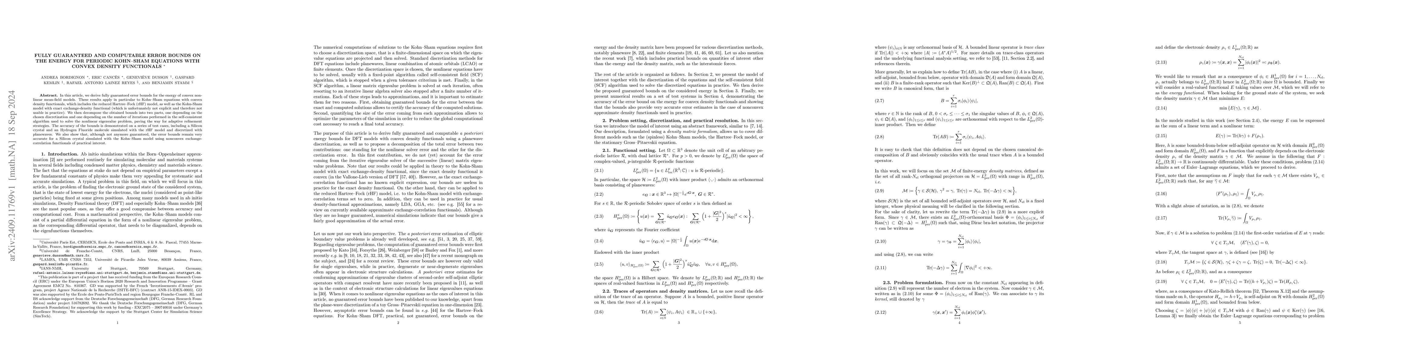 Thumbnail for Fully guaranteed and computable error bounds on the energy for periodic
  Kohn-Sham equations with convex density functionals
