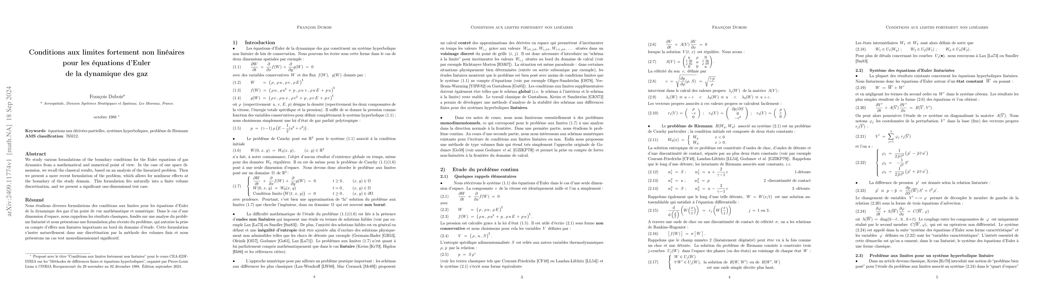 Thumbnail for Conditions aux limites fortement non lin{é}aires pour les
  {é}quations d'Euler de la dynamique des gaz