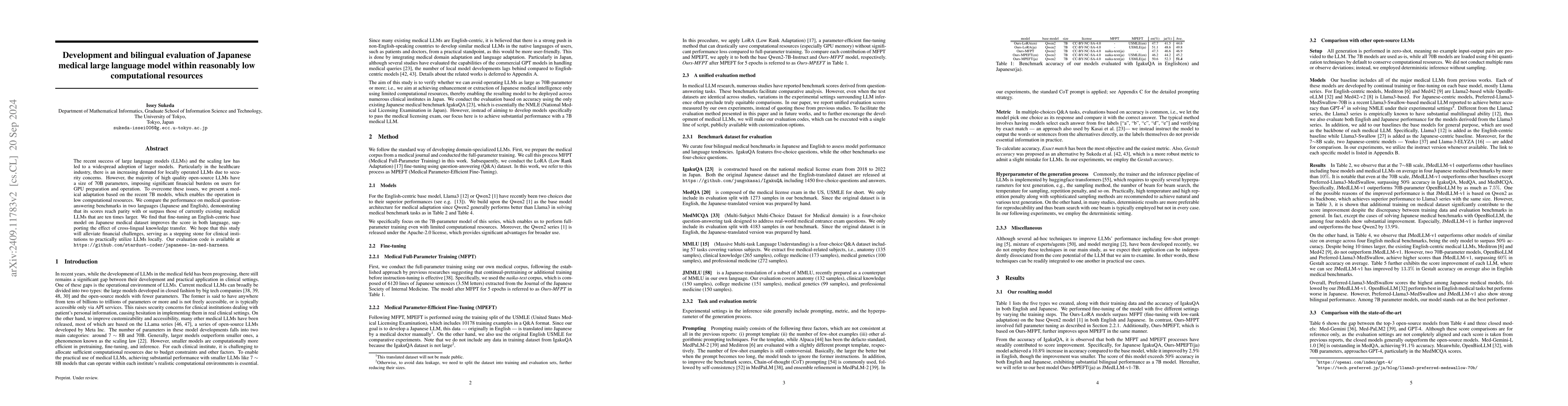 Thumbnail for Development and bilingual evaluation of Japanese medical large language
  model within reasonably low computational resources