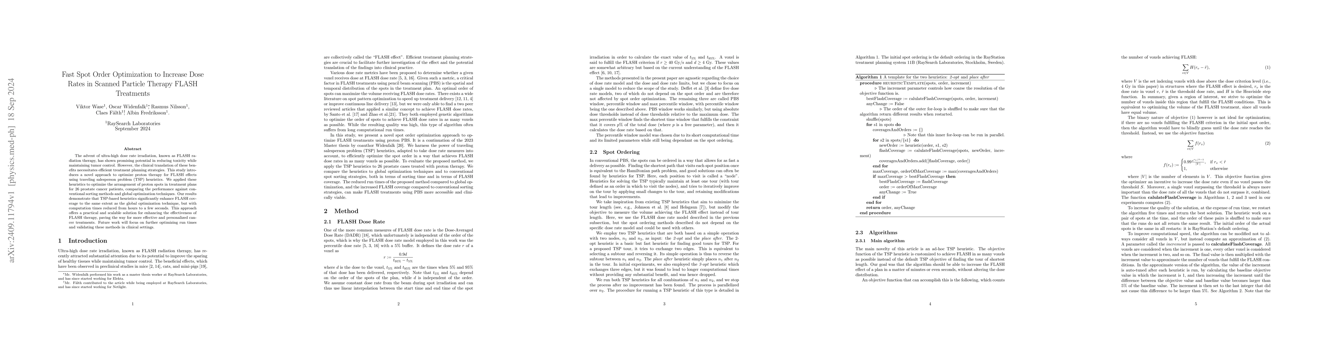 Thumbnail for Fast Spot Order Optimization to Increase Dose Rates in Scanned Particle
  Therapy FLASH Treatments