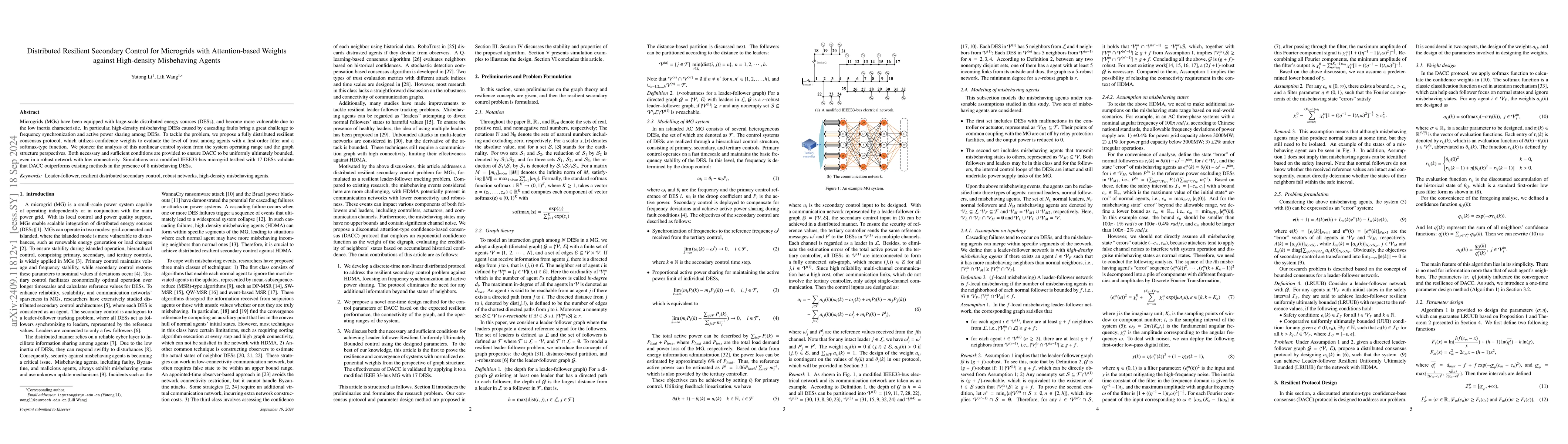 Thumbnail for Distributed Resilient Secondary Control for Microgrids with
  Attention-based Weights against High-density Misbehaving Agents
