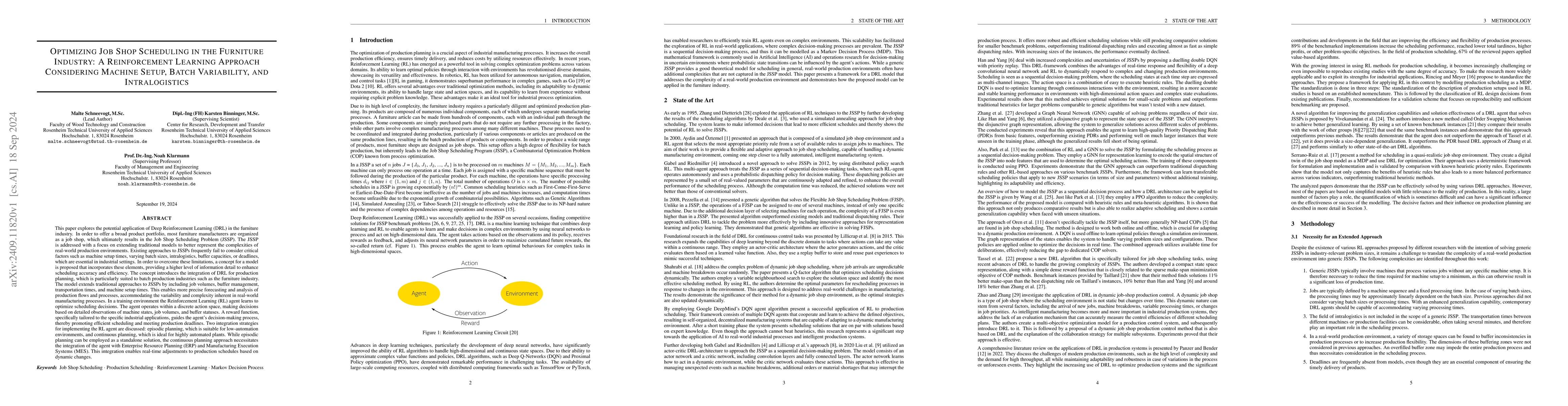 Thumbnail for Optimizing Job Shop Scheduling in the Furniture Industry: A
  Reinforcement Learning Approach Considering Machine Setup, Batch Variability,
  and Intralogistics