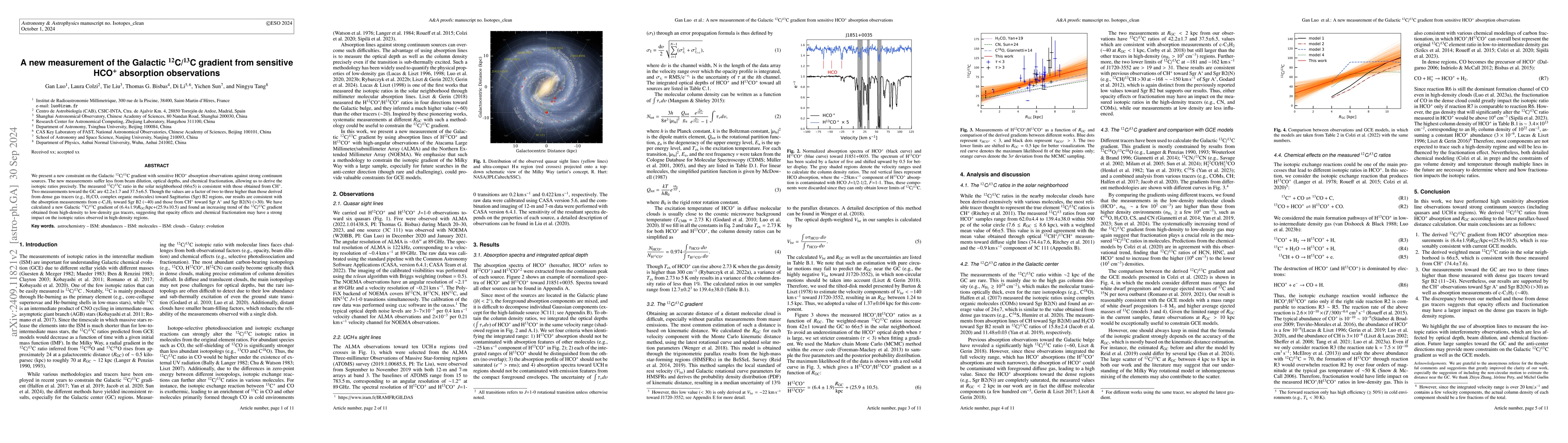 Thumbnail for A new measurement of the Galactic $^{12}$C/$^{13}$C gradient from
  sensitive HCO$^+$ absorption observations